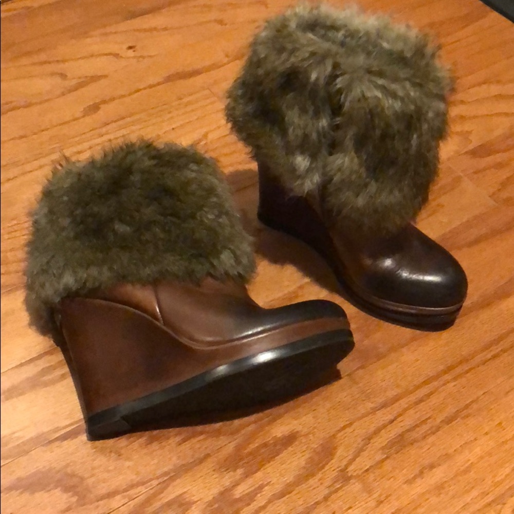 Vince Camuto wedge boots with faux fur trim